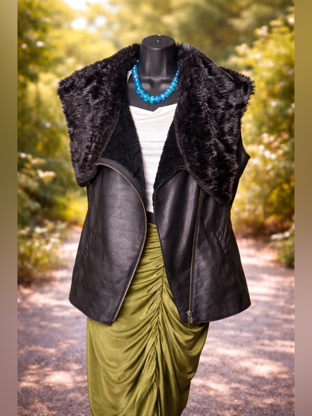 NWT Faux Leather & Fur Vest Jacket • Dramatic Collar •  Boutique Old-Stock • S-M